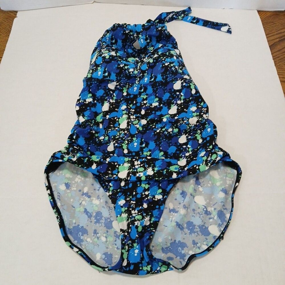 Crane Blue Paint Splatter Ruched Tummy Control One Piece Halter Swimsuit, Large